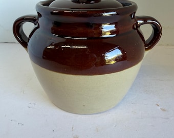 Monmouth Pottery of Illinois, Bean Pot, Crock,  Vintage  Stoneware, One serving size,  5 inches tall, Original Lid