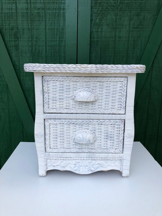 Vintage White Wicker Table End Table Stand Two Drawer Etsy