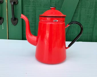 Vintage Enamel CoffeePot, Vintage RED French Enamelware Coffee Pot, French Antique Country Cottage,