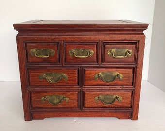 Mahogany Wood Box, Oriental  Style, Storage Box, Original Brass Hardware, Antique, Dresser Top, Jewlery Storage