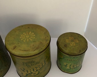Fluffy, Green, Flour Tins, Set, 3 Tins, Flour, Sugar, Tea Vintage