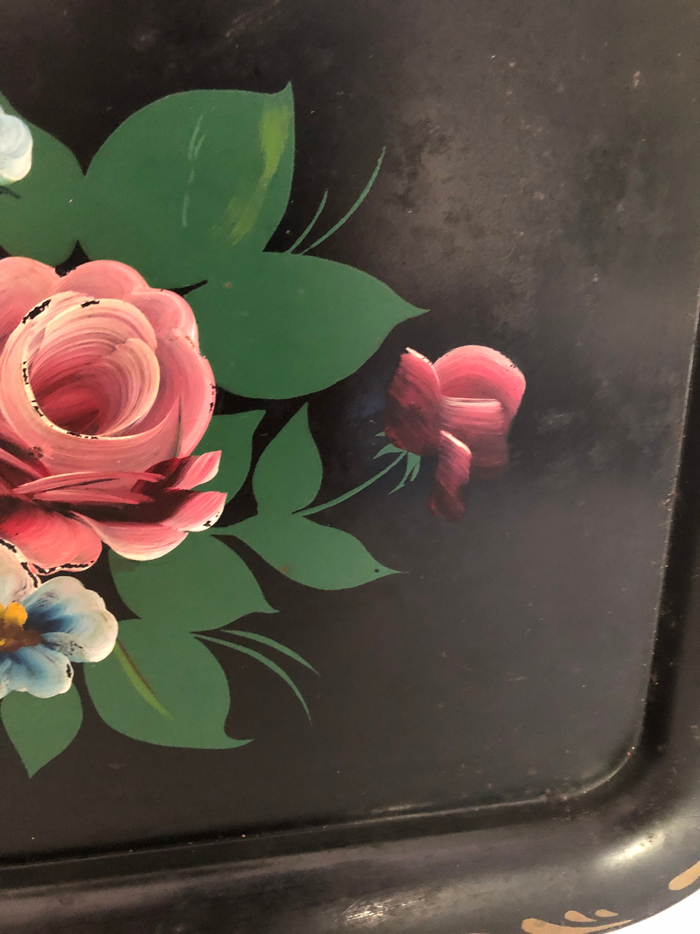 Vintage Round Tole Metal Tray - Handpainted Rose and Iris Bouquet - Mi – In  The Vintage Kitchen Shop