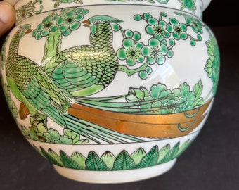 Gold Imari Green, White Cachepot With Peacock Motif, Circa 1960s