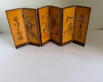 Vintage Chinese Folding Mini Screen, Six Panel Hand Painted, Calligraphy, Tabletop Divider, Wood, Decorative Display