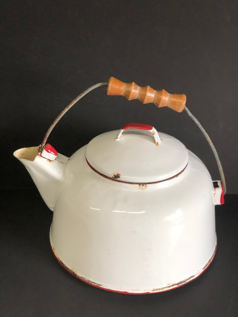 Antique Enamel Ware Kettle Wood Handle Red Accents Hardly Etsy