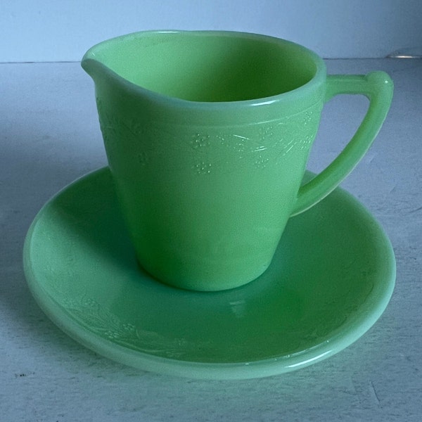 McKee Jadeite, Marked McKee,  Creamer and Saucer, Leaf Vine Pattern, 1930s, Uranium Glass, Rare