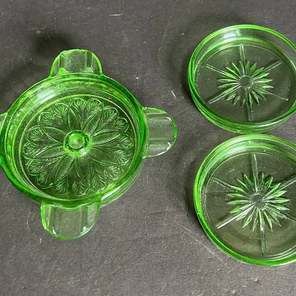 Jeanette, Green Depression Glass,  Uranium or Vaseline Glass, Pattern Sunflower, Collectable, OPEN STOCK, Sold Seperatly