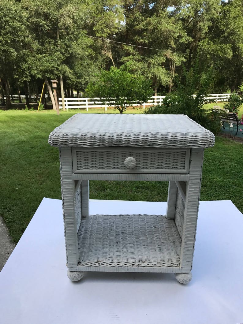 Vintage White Wicker Table End Table Stand One Drawer Etsy