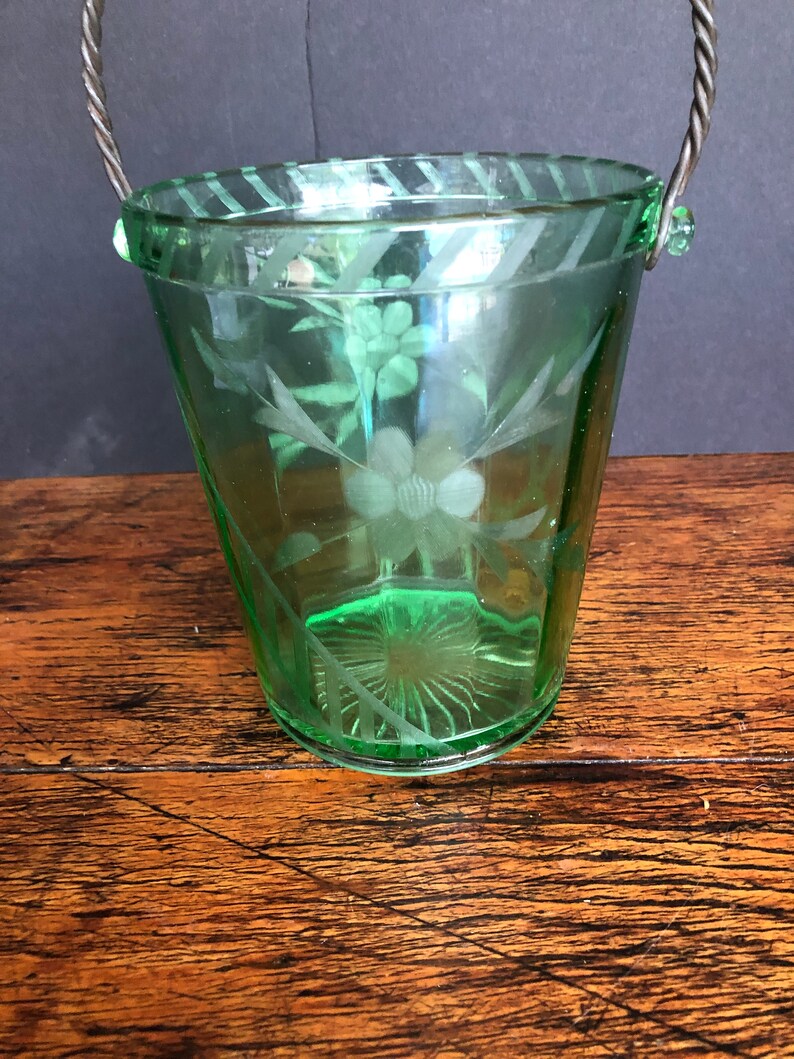 Green Depression Glass Ice Bucket With Lid Twisted Metal Etsy