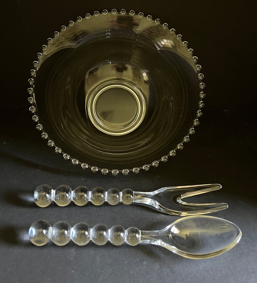 Imperial, Candlewick Pattern, Glass Salad Bowl, Glass Salad Utensils, Imperial Glass Co, Circa