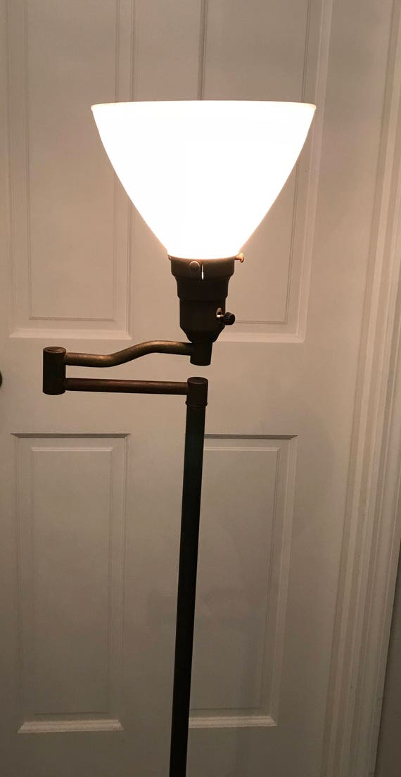 Antique Brass Swing Arm Lamp Milk Glass Shade Bridge Floor Solid Electric
