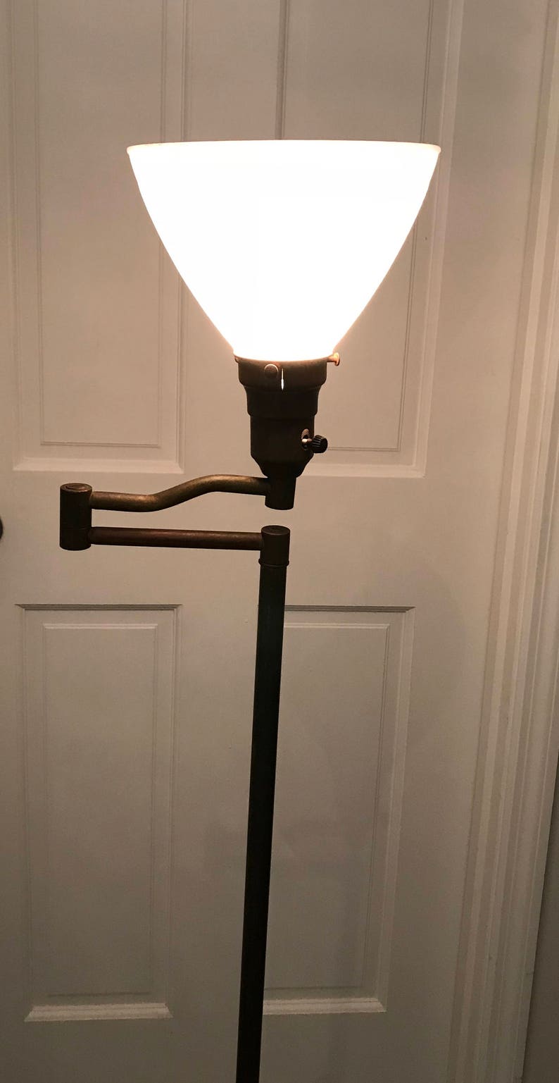 Antique Brass Swing Arm Lamp Milk Glass Shade Bridge Floor Solid Electric