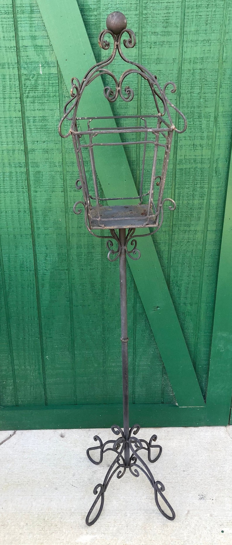 Vintage Wrought Iron Lantern Plant Stand Rusty Crusty Garden Decor Floor Lamp