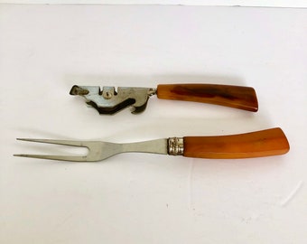 Bakelite Kitchen Utensils, Fork, Can Opener, Knife Sharpener, Vintage Yellow, Butterscotch Handles