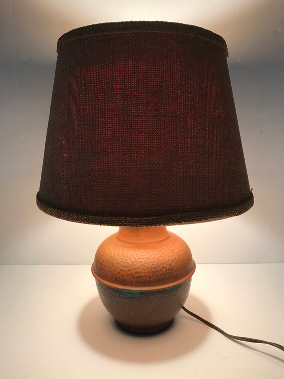 Vintage Copper Lamp Hand Hammered Burlap Shade Image 0