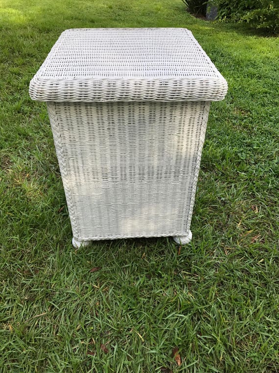 Vintage White Wicker Table End Stand One Drawer Night Real Wood Rattan