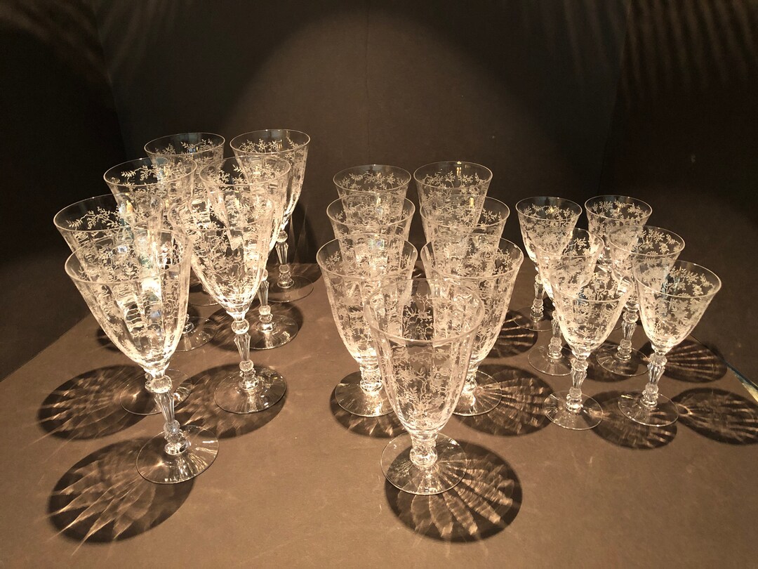 Fostoria, Chintz Pattern, Crystal Water, Wine, Cordials, Vintage