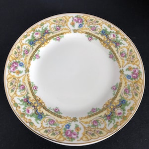 May include: A white porcelain plate with a yellow, gold, and green floral pattern. The plate has a white center and a decorative border with pink, blue, and yellow flowers.