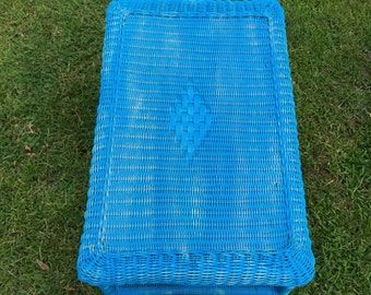 Vintage Wicker coffee table, Blue Shabby Chic, Vintage Coffee Table , Patio Table, Wicker Patio,