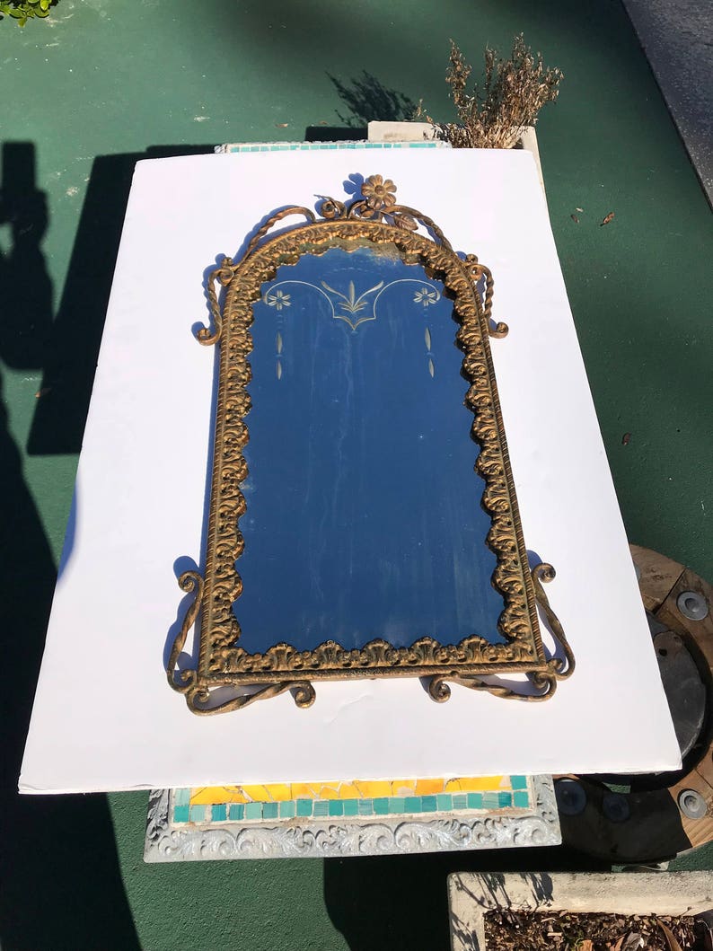 Antique Mirror Metal Frame Etched Glass Cast Bronze Wrought