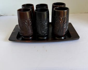Tiki Wood Cup, Tray, Art Carving, Hawaiian Hand Craft
