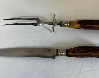 J. A. Henckles, Twin Works, Germany, Carving Set, Stag Horn  Handle, Antique Knife,  Slicing  Knife, Carving Fork,  Not Imitation,