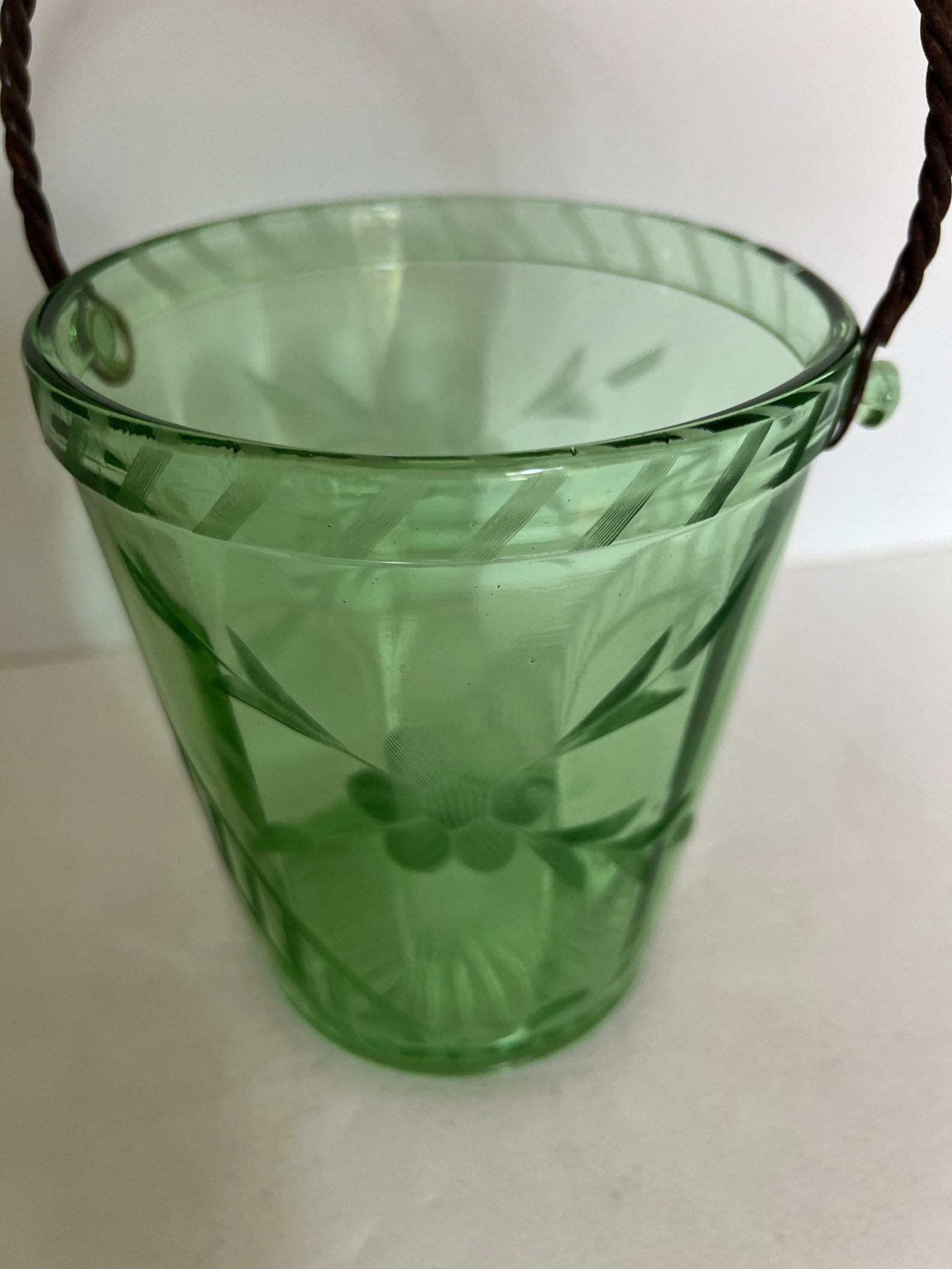 Green Depression Glass Ice Bucket With Lid Twisted Metal Etsy