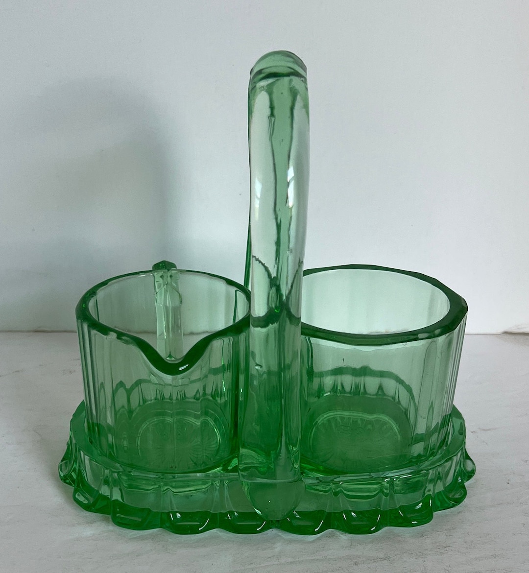 New Martinsville Creamer Sugar Tray Set Green Depression Etsy