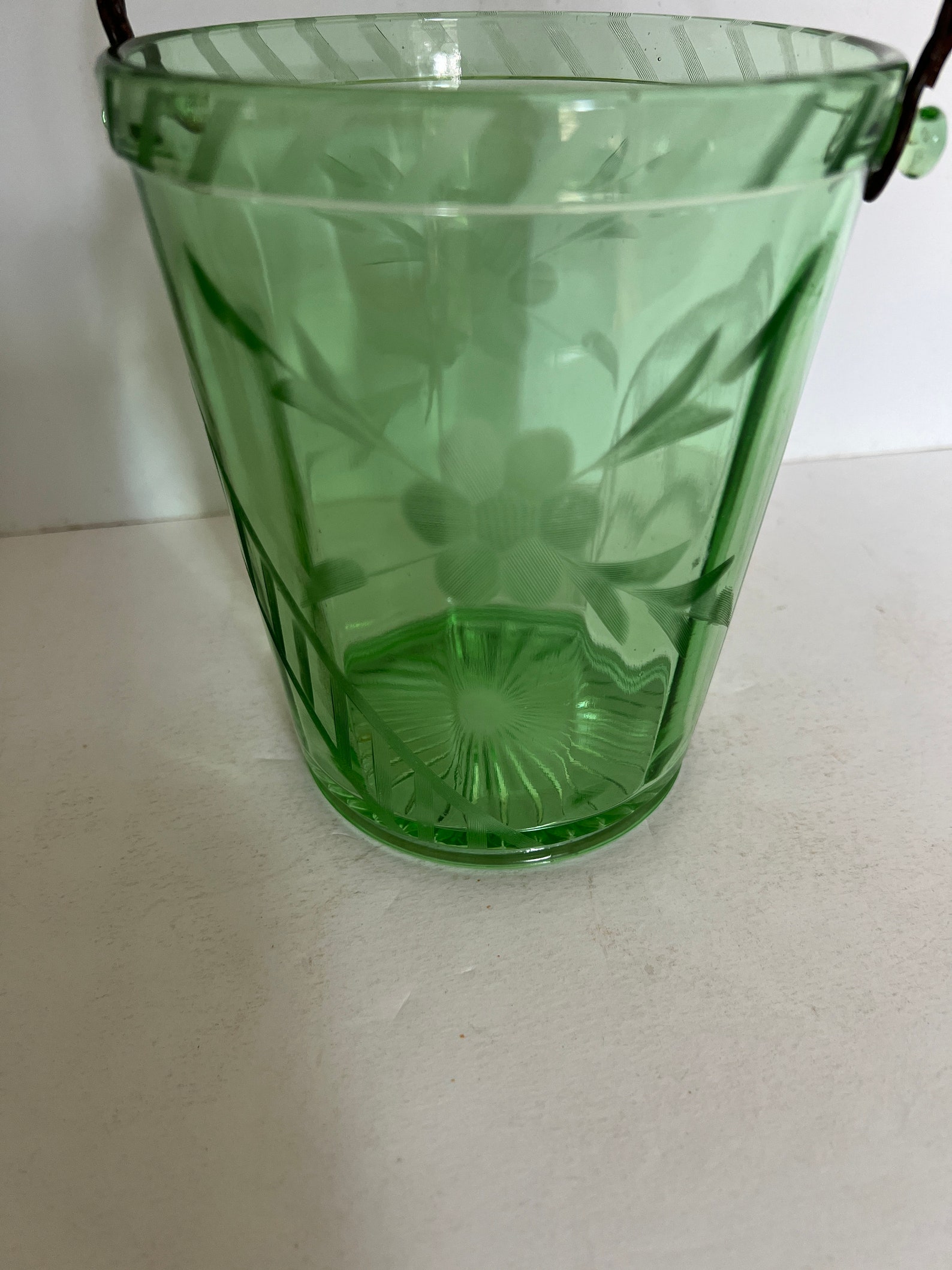 Green Depression Glass Ice Bucket With Lid Twisted Metal Etsy