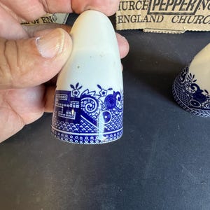 Peut inclure: Salerette en c&eacute;ramique blanche avec un motif floral et architectural bleu sur la base. Le salerette est tenu dans une main, et le dessus est lisse et arrondi. Le design rappelle la porcelaine bleue et blanche classique.