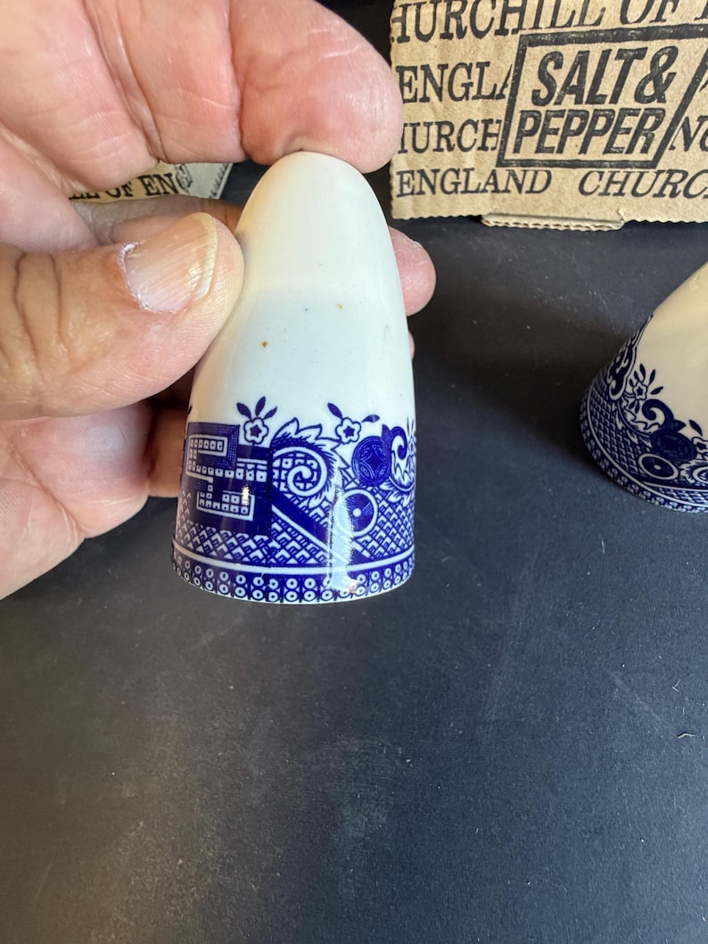 Peut inclure: Salerette en c&eacute;ramique blanche avec un motif floral et architectural bleu sur la base. Le salerette est tenu dans une main, et le dessus est lisse et arrondi. Le design rappelle la porcelaine bleue et blanche classique.