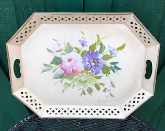 Tole Tray, Hand Painted,Vintage, Serving Tray, Victorian Tray,Artist Signature