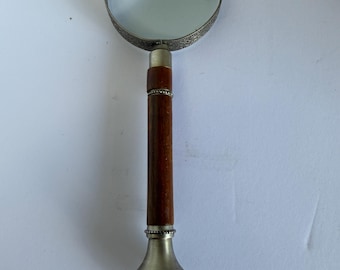 Antique Magnifying Glass, Ornate Foliate Detail,   Walnut Wood Handle, Circa 1800s