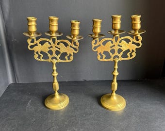 Antique Brass "Lions of Judah" Shabbat Candlesticks, Solid Brass