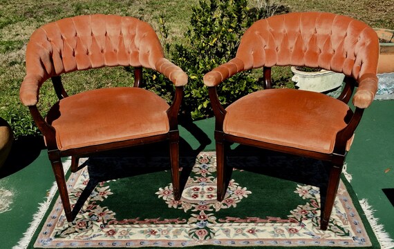 Important Two Hollywood Regency Chairs Tufted Salmon Velvet Etsy