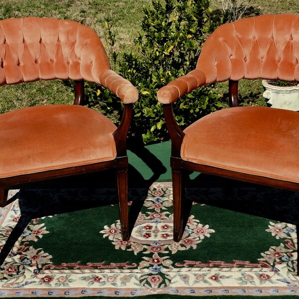 Hollywood Regency Chairs, Tufted Salmon Velvet, MCM, Dorothy Draper Style, Curule Chair, Throne Chair