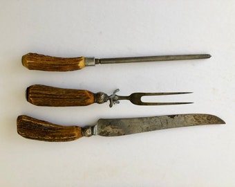 Vintage Stag Horn Handle Carving Set, Continental Co, Kleen Edge