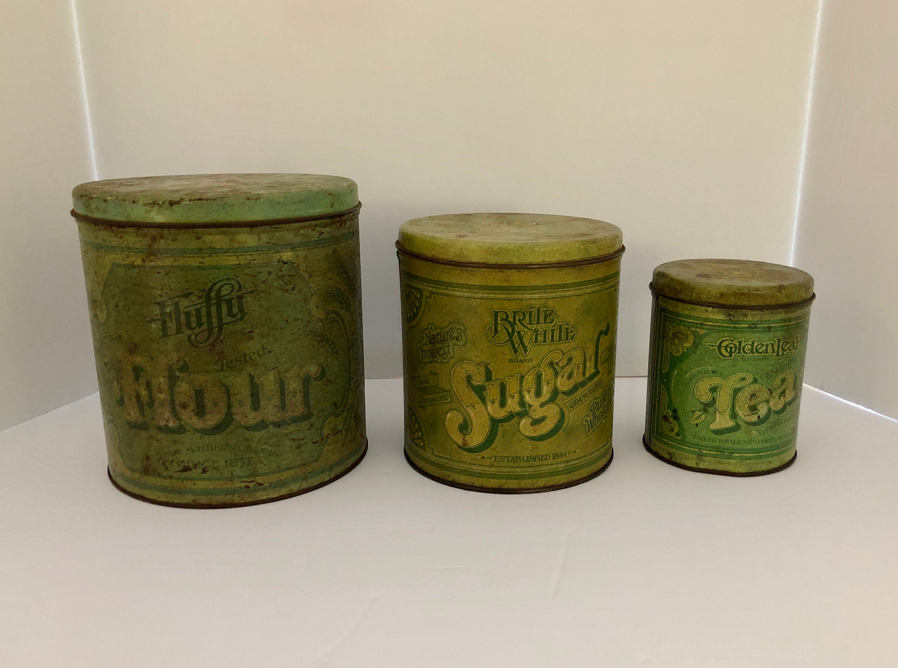 Fluffy, Green, Flour Tins, Set, 3 Tins, Flour, Sugar, Tea Vintage
