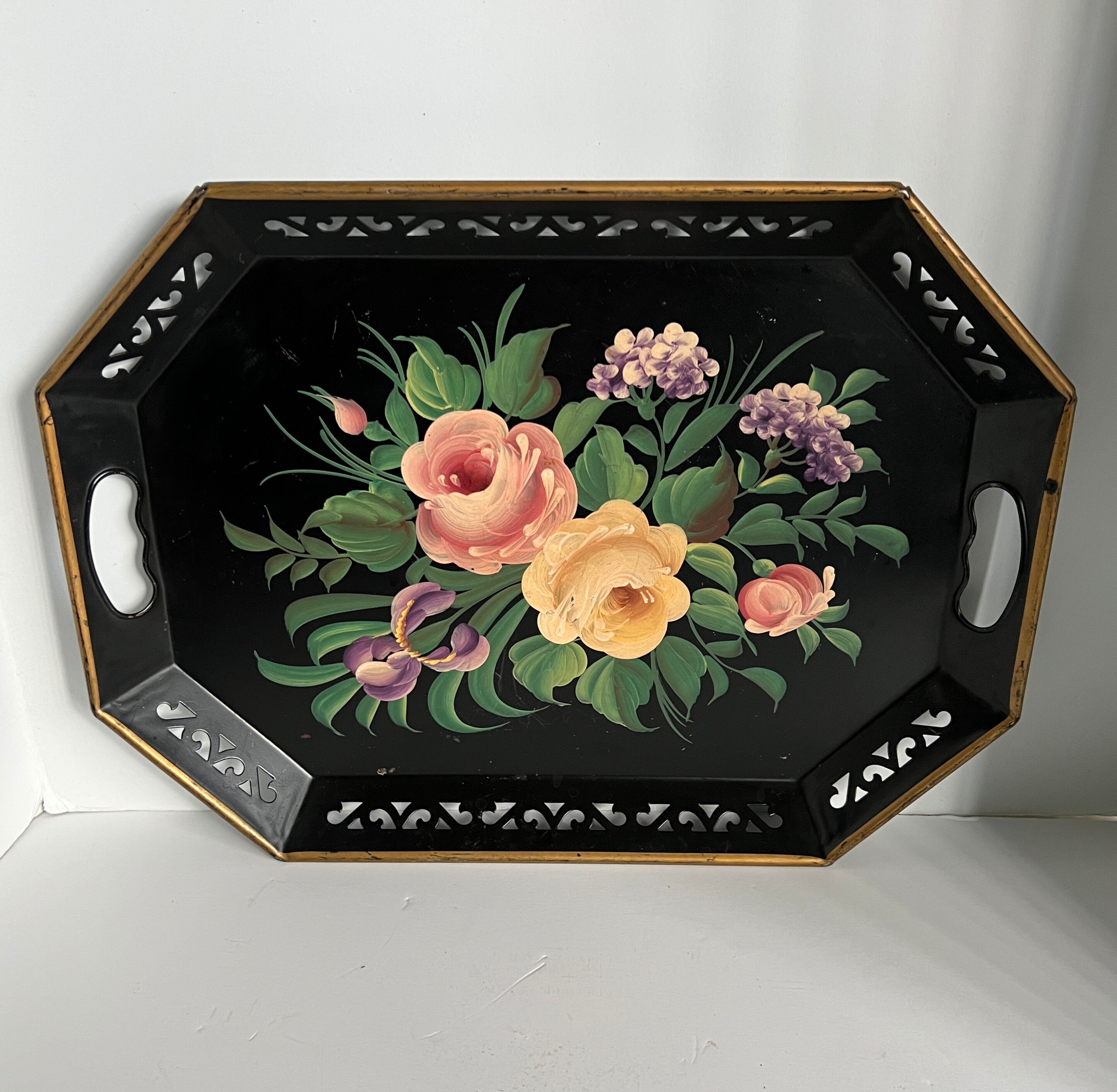Tole Metal Folk Art Tray Hand Painted Floral E. T. Nash Company