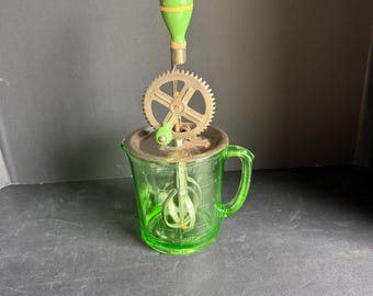 ANTIQUE, Uranium Glass Mixer, Egg Beater, Measuring Cup,Mixing Bowl, Circa 1930