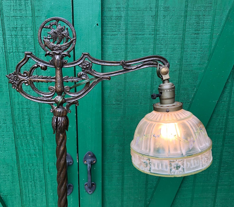 Antique Cast Iron Bridge Lamp Hand Painted Glass Shade Etsy