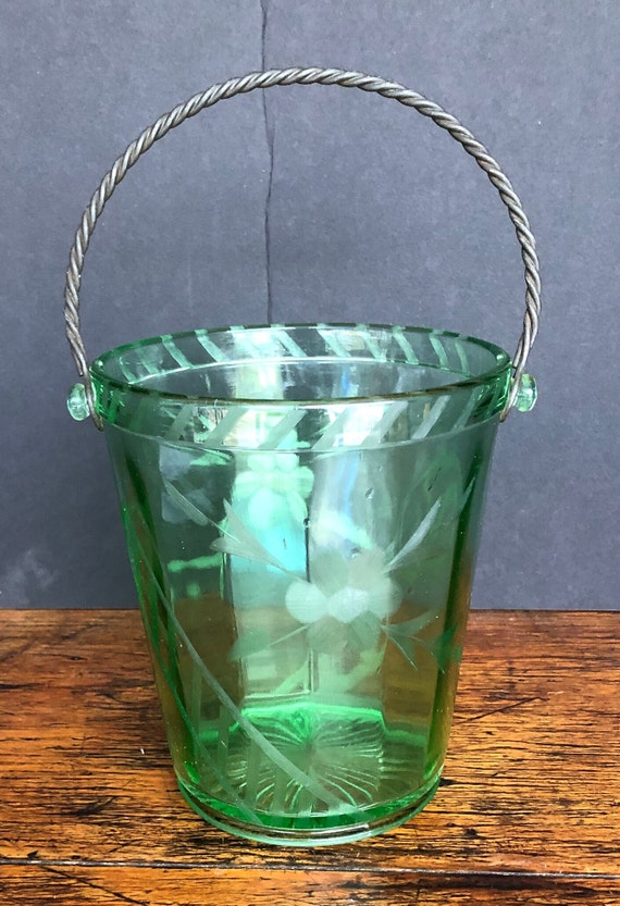Green Depression Glass Ice Bucket With Lid Twisted Metal Etsy