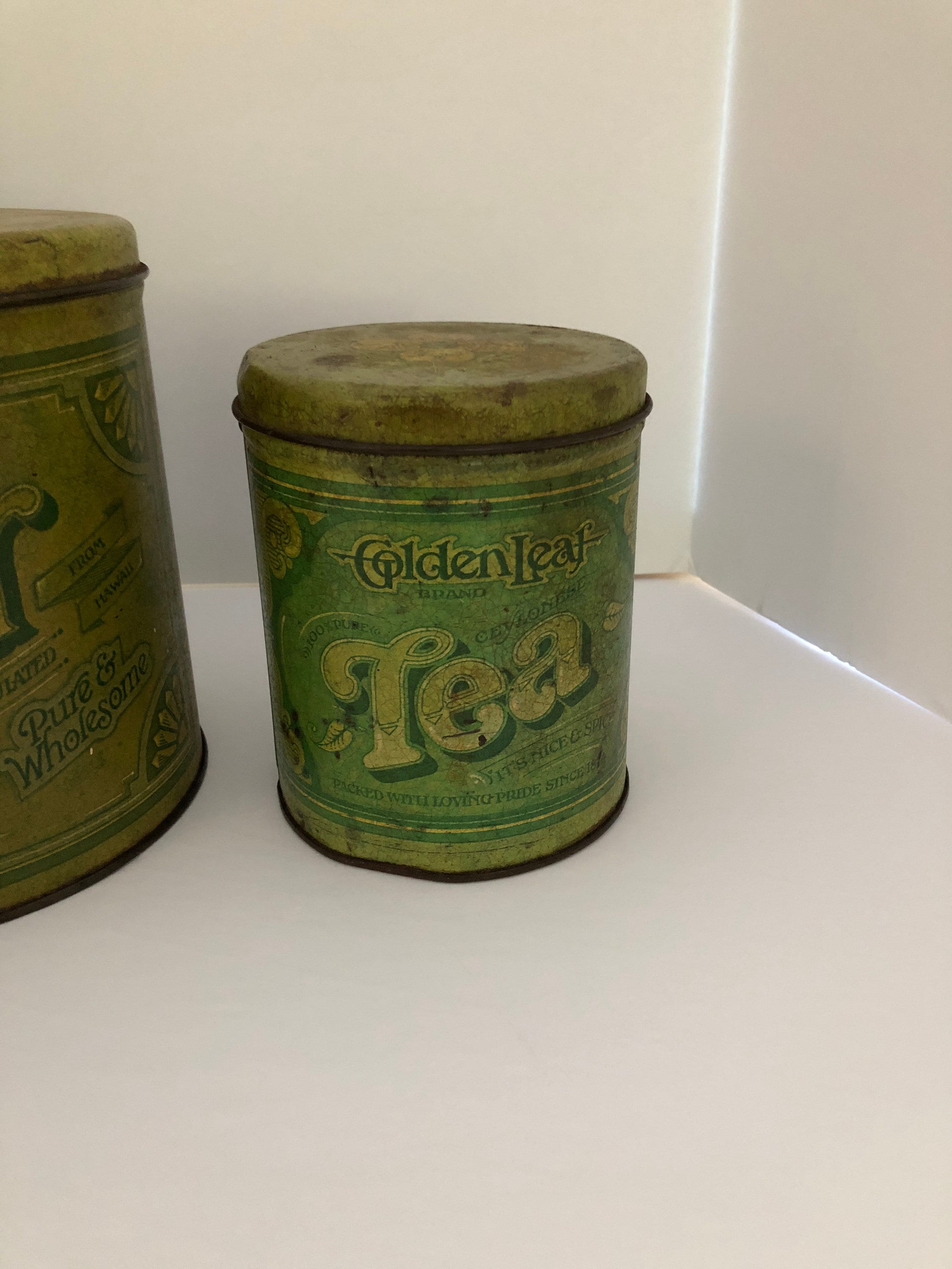 Fluffy, Green, Flour Tins, Set, 3 Tins, Flour, Sugar, Tea Vintage