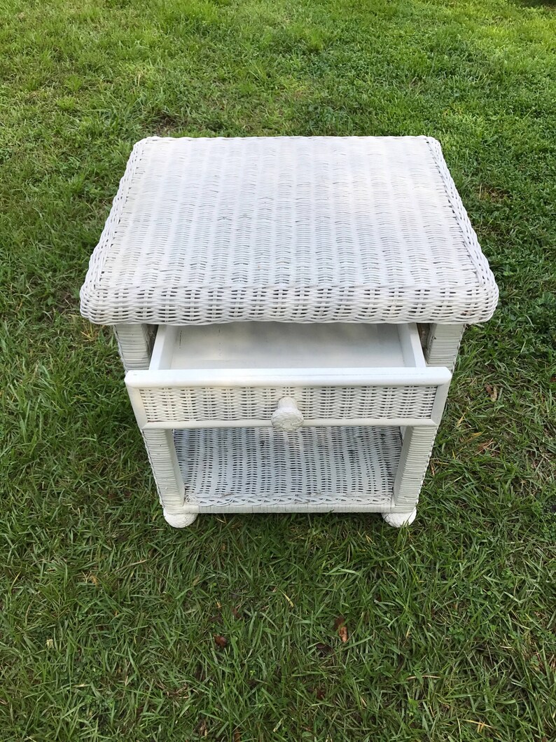 Vintage White Wicker Table End Table Stand One Drawer Etsy
