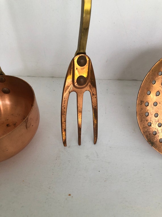 Vintage French Brass And Copper Kitchen Utensils Rustic Provence Cooking  Tools Country Home Kitchen Decor