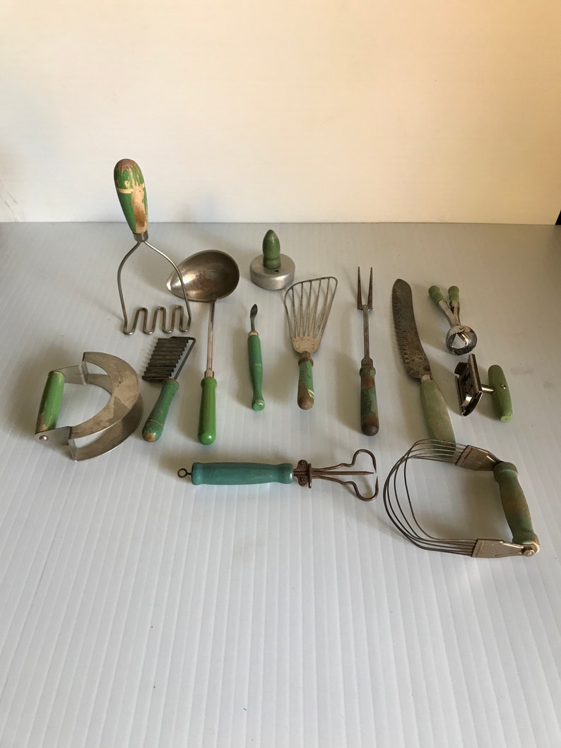 Green Handled Kitchen Utensilsgreen Wood Handles Circa 1930 Etsy