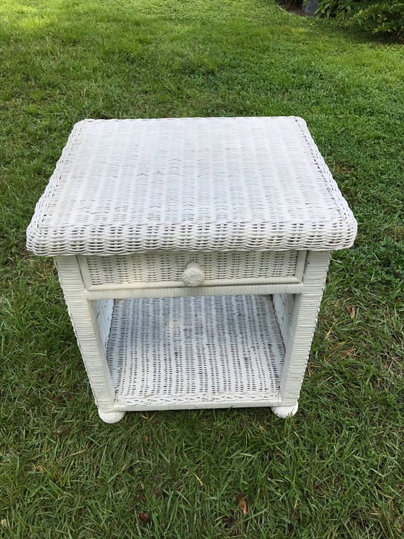 Vintage White Wicker Table End Stand One Drawer Night Real Wood Rattan