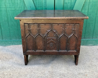 Coffer, English Oak, Coat of Arms, Gothic Period,