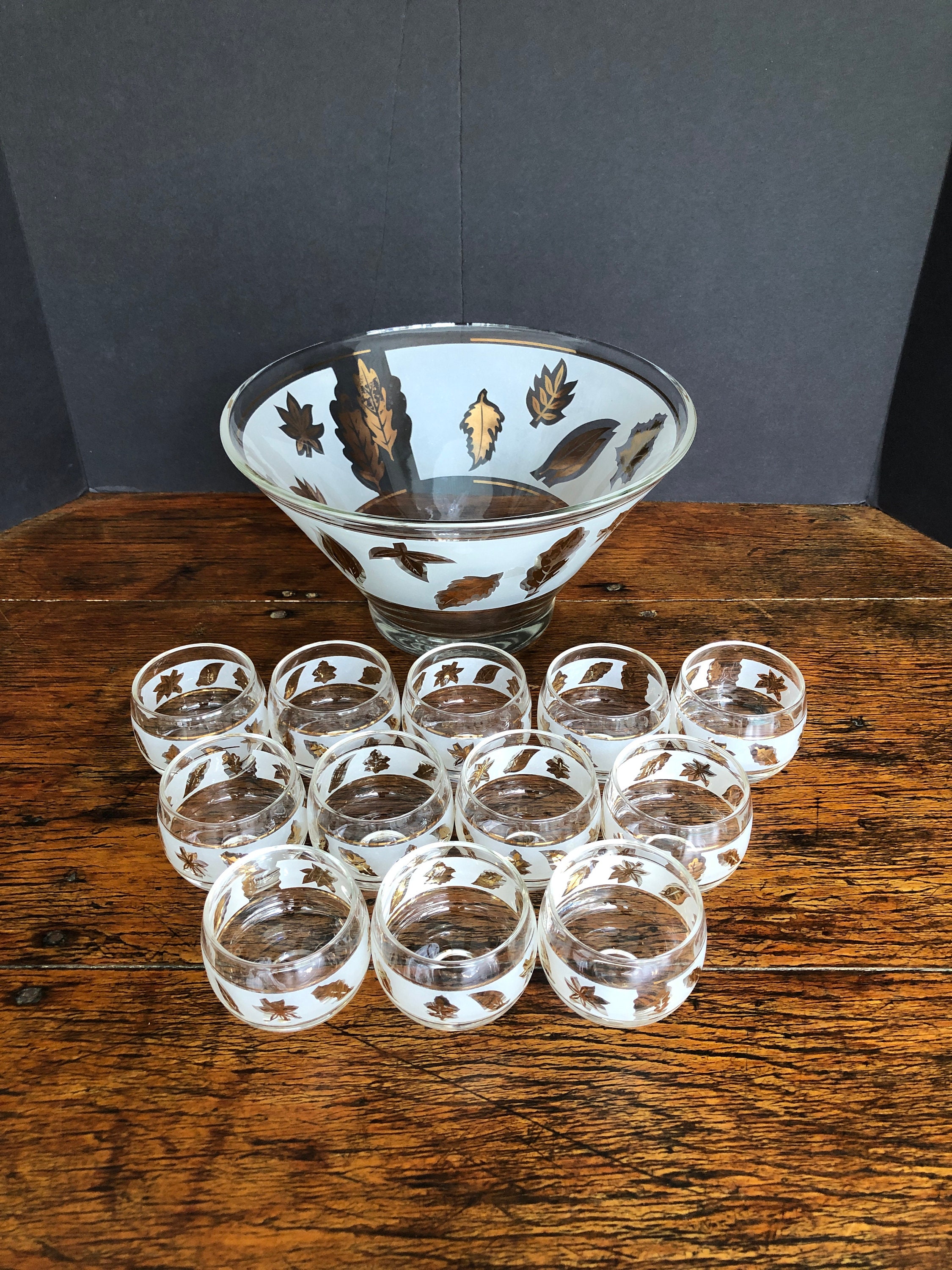 Mid Century Glass Set, Gold Lead, Frosted Design, Highball. Libby 