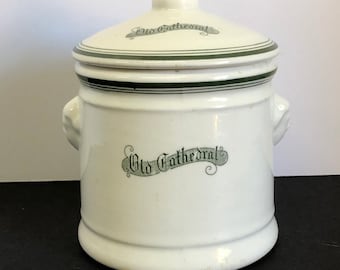 Buffalo China,Albert Pick Co, Lidded  Sugar Bowl , Advertising, OLD CATHEDRAL, Restaurant Ware, ,Green Stripe, Heavy  Thick, Face in Relief